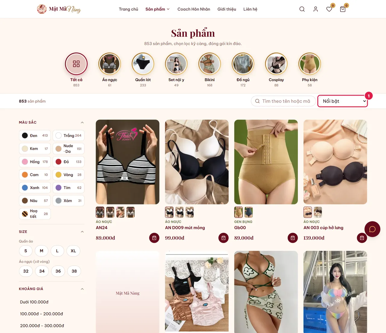 Trang Sản phẩm: bộ lọc nằm bên trái
