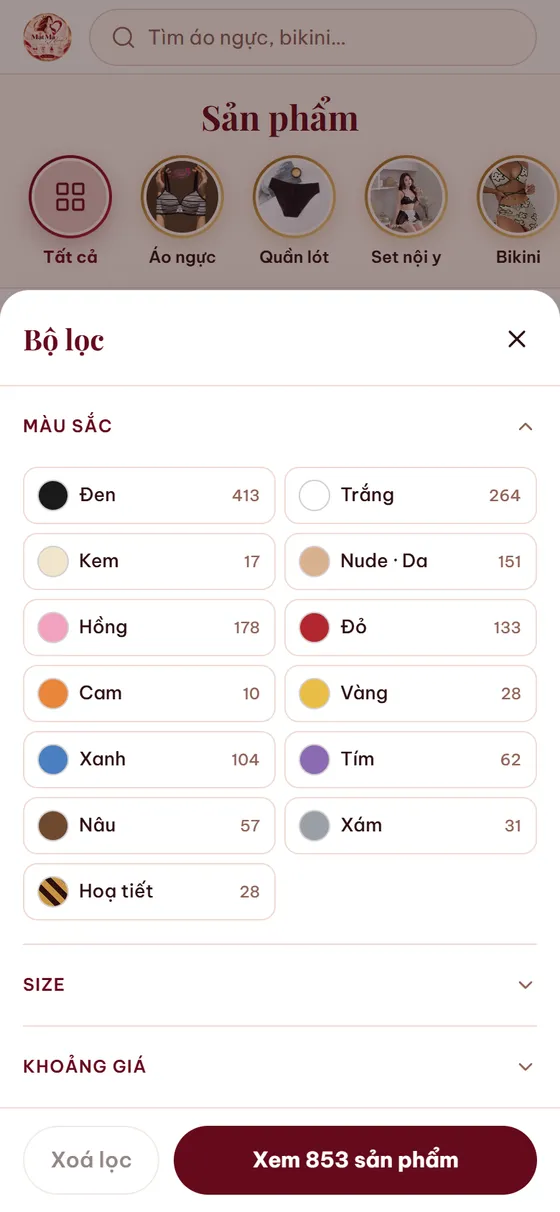 Trên điện thoại: bấm nút Bộ lọc, chọn xong bấm Xem sản phẩm